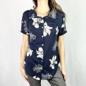 LULAROE Blue & White Hawaiian Floral Print Button Down Shirt S #159Q